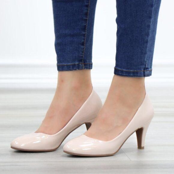 Nude Paten Round Toe Kitten Low Heel Pumps - Picture 5 of 11